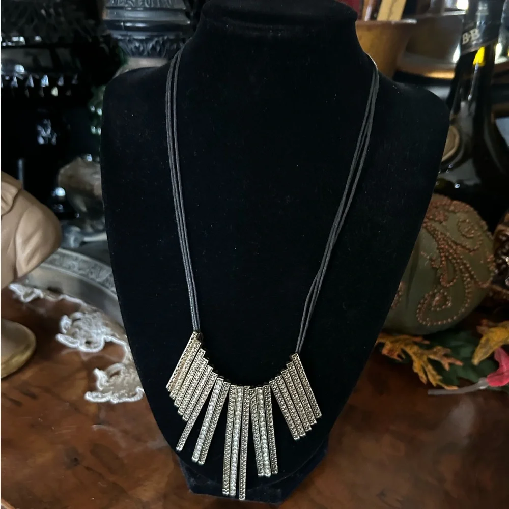 Mixed Metals Necklace with Rhinestones and Graduated Metal Bars